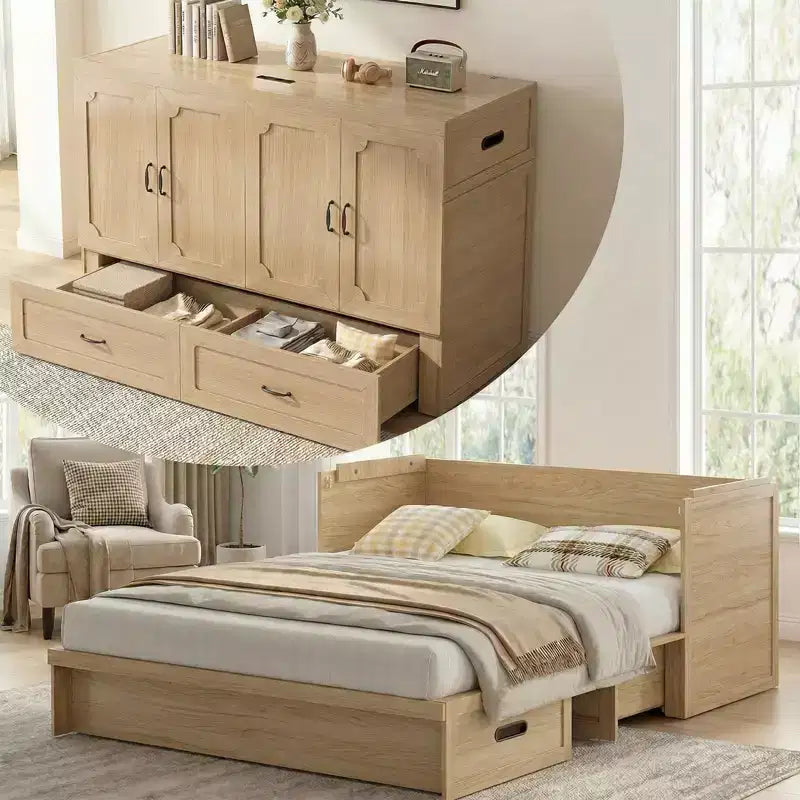 Mjkone Queen Size Convertible Murphy Cabinet Bed with USB Charging, Storage Drawers,No Mattress Included