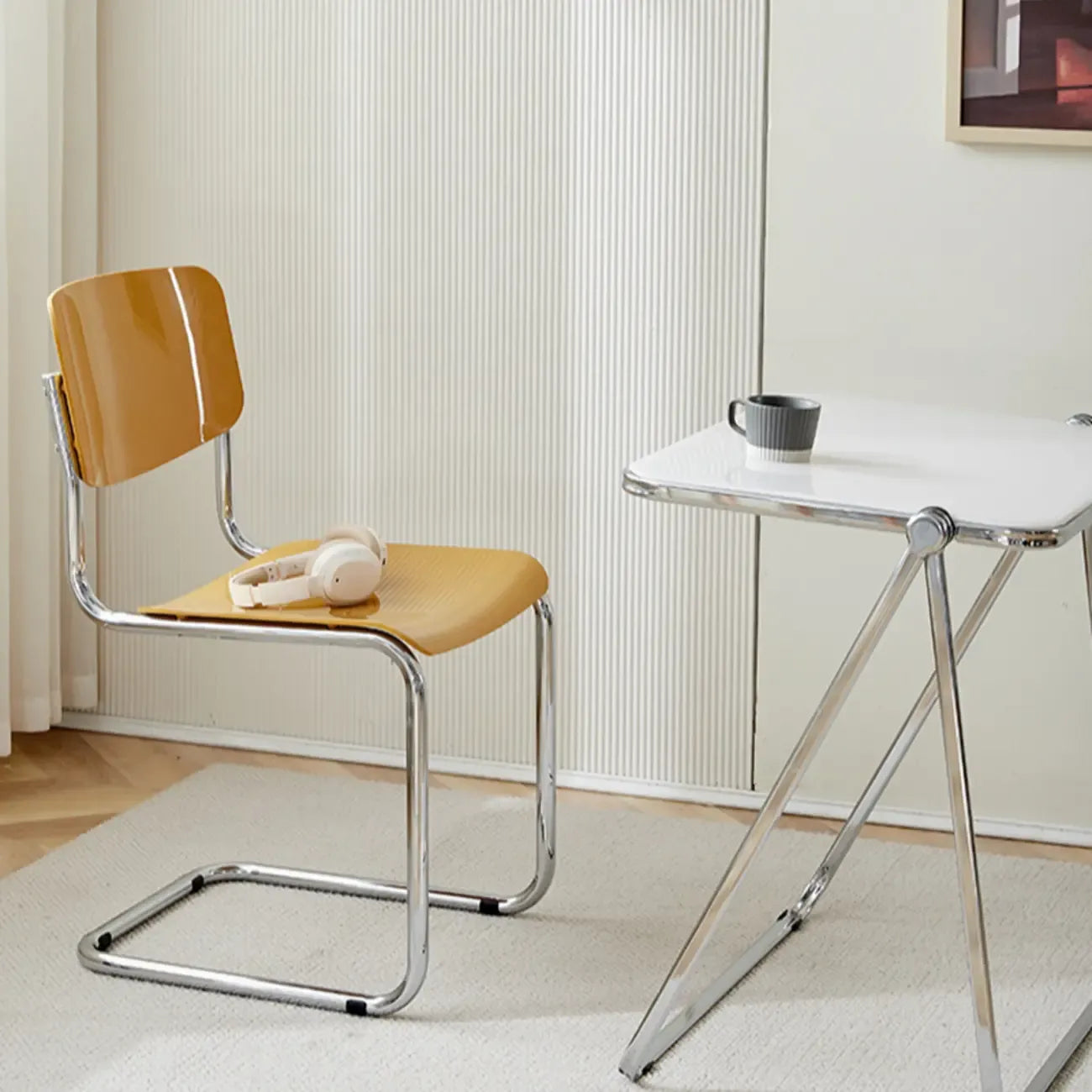 Simple Metal Armless Dining Chair in Yellow Solid Back