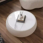 Okak Modern Round Drum Shape Coffee Table with Marble Top & Leather Side,Fashionable Center Table for Living Room,Bedroom
