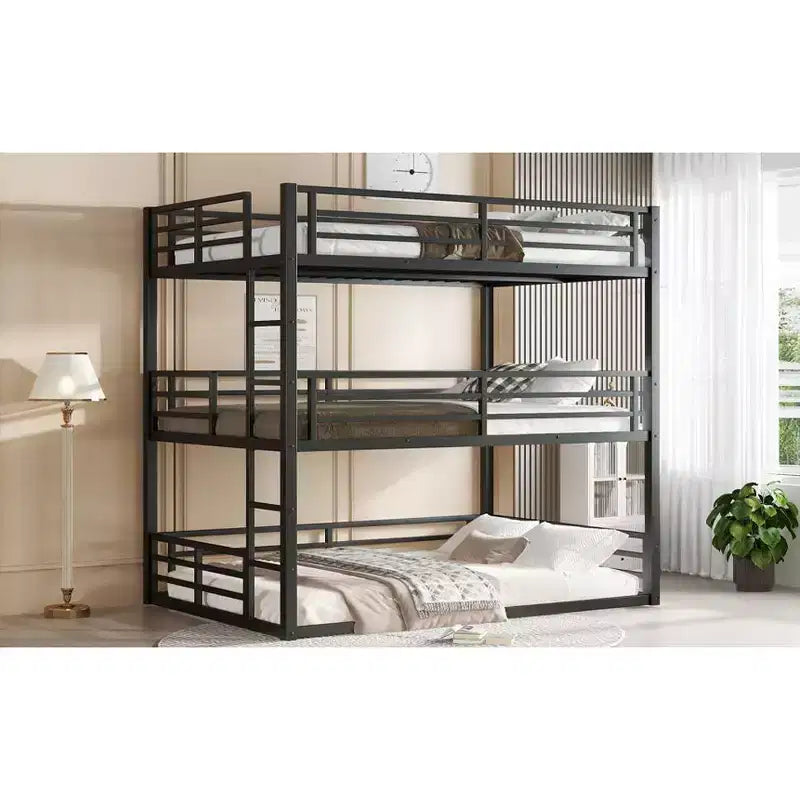 Full over Full over Full Bunk Bed, Metal Triple Bunk Bed with Safety Guardrails, Heavy-duty Bunk Bed with Noise-reduced Design, Black