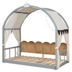 Solid Wood Playhouse Platform Bed Floor Montessori Bed Frame with Arched Roof and Trundle for Girls and Boys