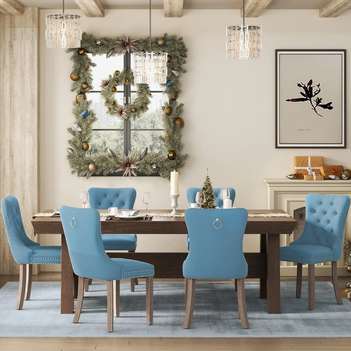 Upholstered Tufted Velvet Dining Chair with Solid Wood Legs Set of 6