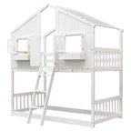 Twin over Twin House Bunk Bed with Roof , Window, Window Box, Door , with Safety Guardrails and Ladder, Grey