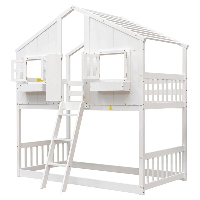 Twin over Twin House Bunk Bed with Roof , Window, Window Box, Door , with Safety Guardrails and Ladder, Grey