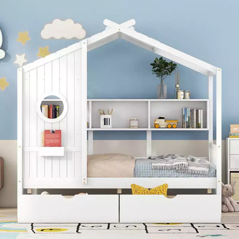 Twin/Full Size Wooden House Bed with 2 Drawers, Kids Bed with Storage Shelf - ModernLuxe