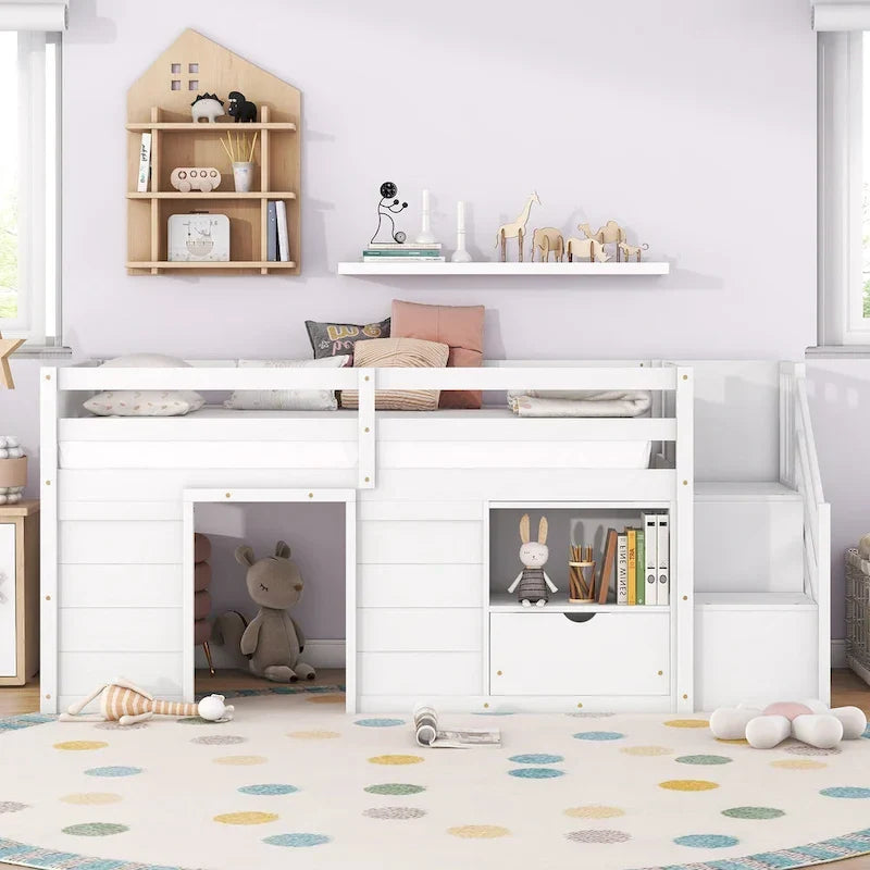 TWIN BED, SOLID WOOD TWIN SIZE LOW LOFT BED WITH STAIR, DRAWER, AND SHELF OF GREY COLOR