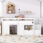TWIN BED, SOLID WOOD TWIN SIZE LOW LOFT BED WITH STAIR, DRAWER, AND SHELF OF GREY COLOR
