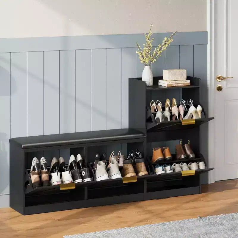 Shoe Storage Cabinet with Bench & 4 Flip Drawers - Narrow Entryway Organizer for 35-40 Pairs