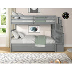 Twin over Twin Bunk Beds With Twin Trundle and Stairway Storage Function in Grey Color