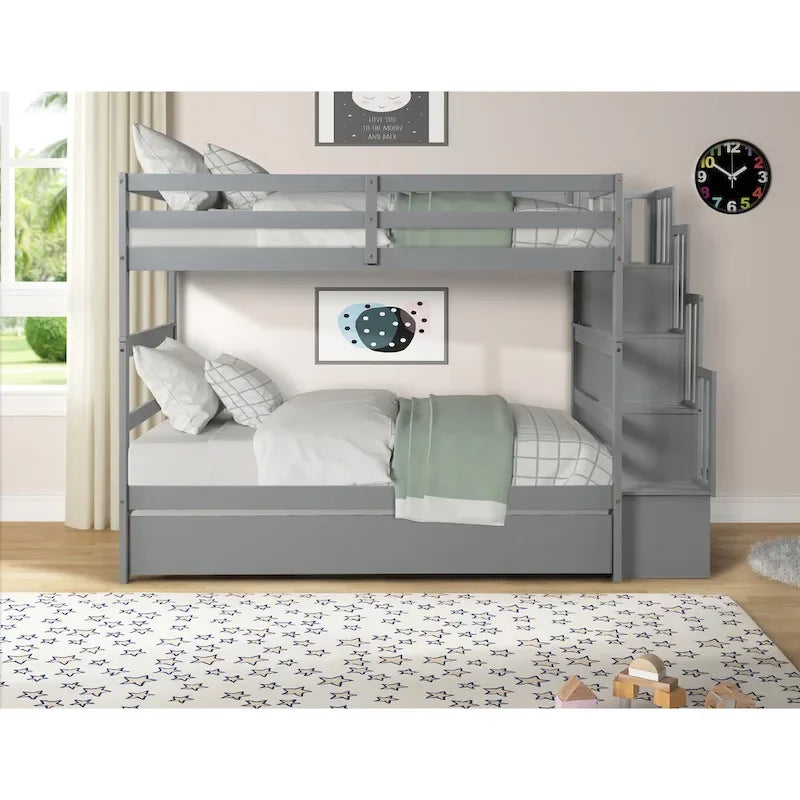 Twin over Twin Bunk Beds With Twin Trundle and Stairway Storage Function in Grey Color