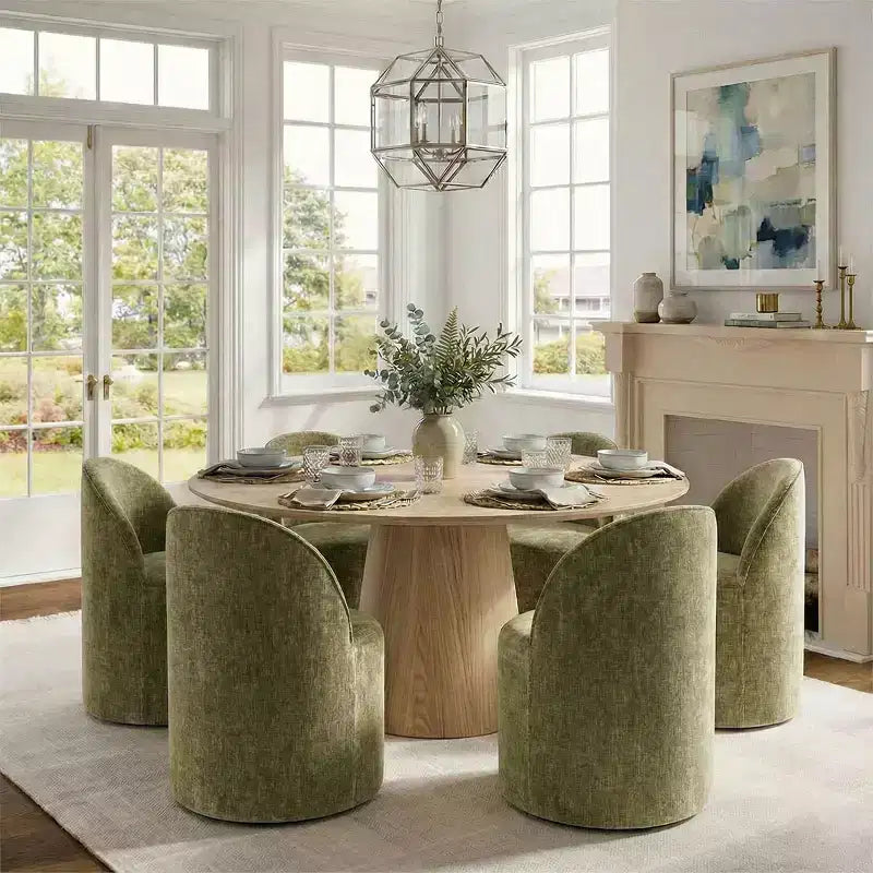 Modern Dining Table Set For 6, Round Pedestal Dining Table, Swivel Rolling Barrel Chairs With Wheels, Textured Chenille- Panipeachy