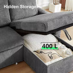 Dyonery 2 in 1 Pull Out Sleeper Sofa with Storage Chaise C Corduroy Sectional Couch with USB Ports for Living Room
