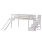 Kids Twin Low Loft Bed with Slide & Stairs, Solid Wood, 14 Guardrails, 400 lb Capacity