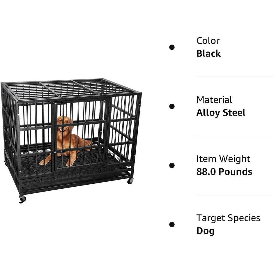 BOSSIN 48/38 inch Heavy Duty Indestructible Dog Crate, Escape Proof Dog Cage Kennel with Lockable Wheels