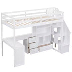 Twin Size Loft Bed with L-Shaped Desk, 3 Drawers, Cabinet, Staircase Storage, Solid Pine/MDF Build