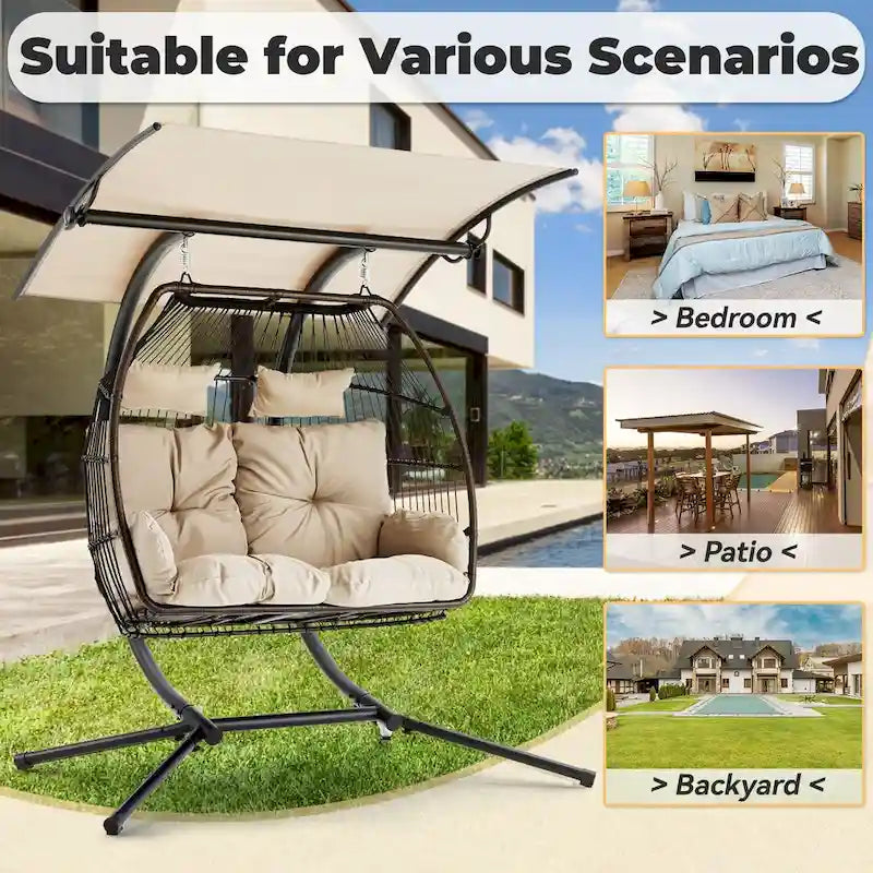 Outdoor Swing Loveseat with Stand, Foldable Hanging Chair, Hammock Cushion, and Awning, Double Egg Chair - Beige