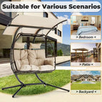 Outdoor Swing Loveseat with Stand, Foldable Hanging Chair, Hammock Cushion, and Awning, Double Egg Chair - Beige