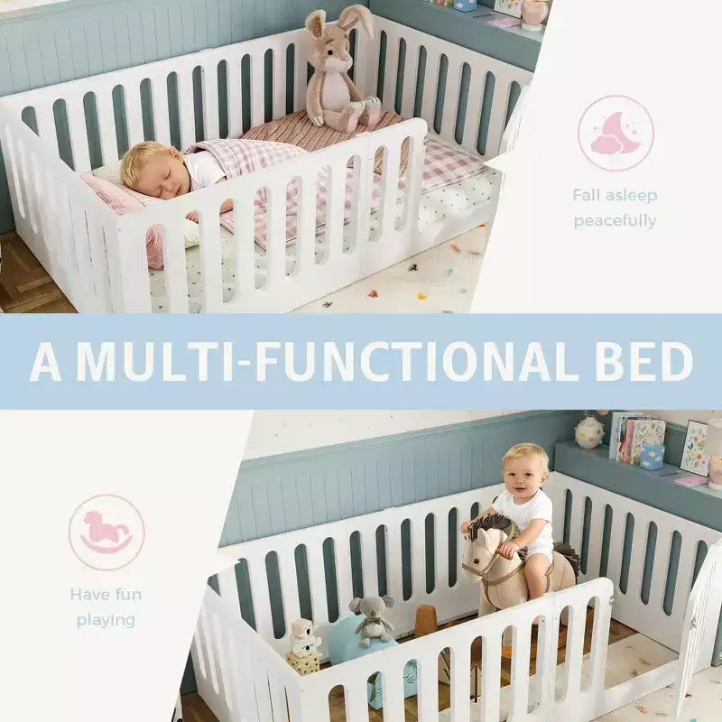 White Twin Montessori Floor Bed with Fence Rails & Door – Solid Wood, 1 Child