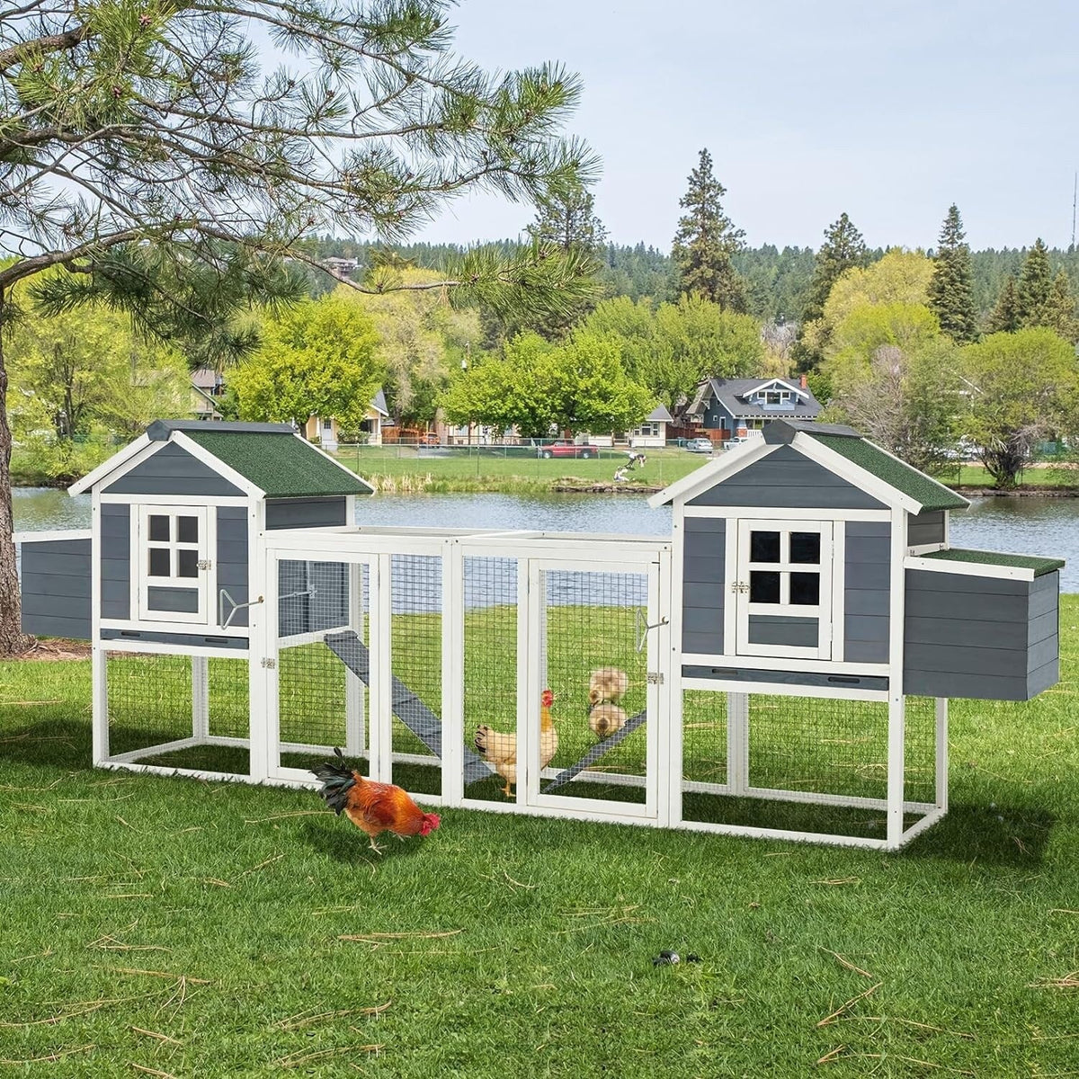 AECOJOY 144'' Large Chicken Coop w/ Run Wooden Hutch Poultry Cage House