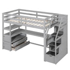 Twin Size Loft Bed with Desk and Shelves, Two Built-in Drawers, Storage Staircase
