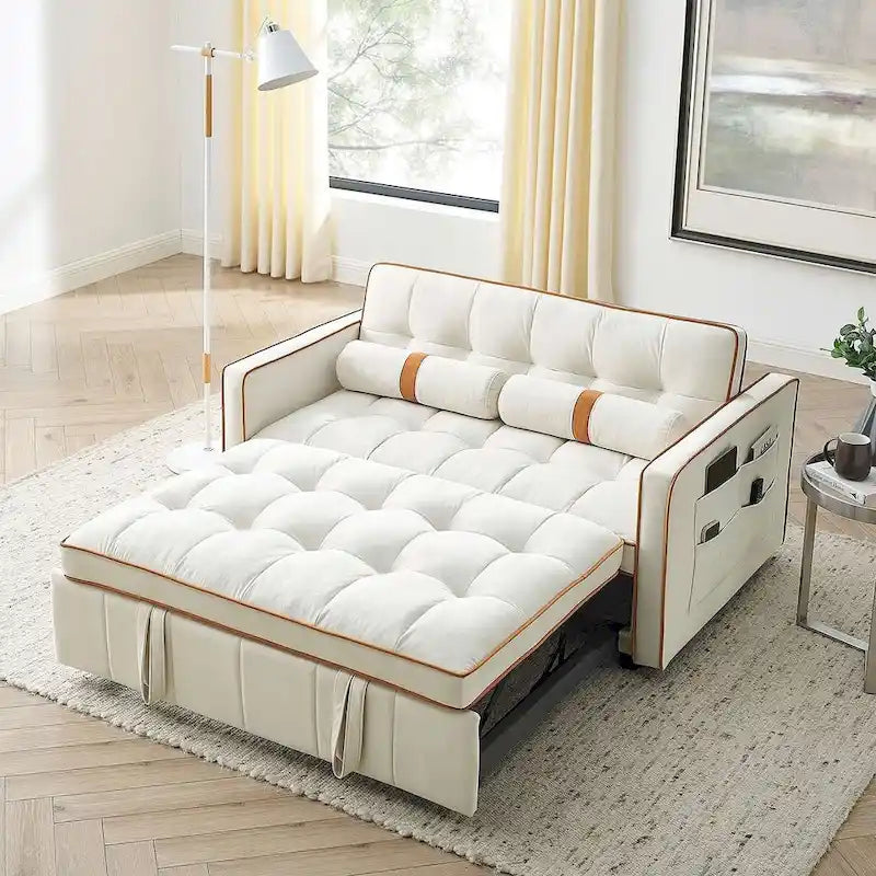 Velvet Multi-Functional Pull-Out Sofa Bed Adjustable Reclining Backrest With Pillows - N/A