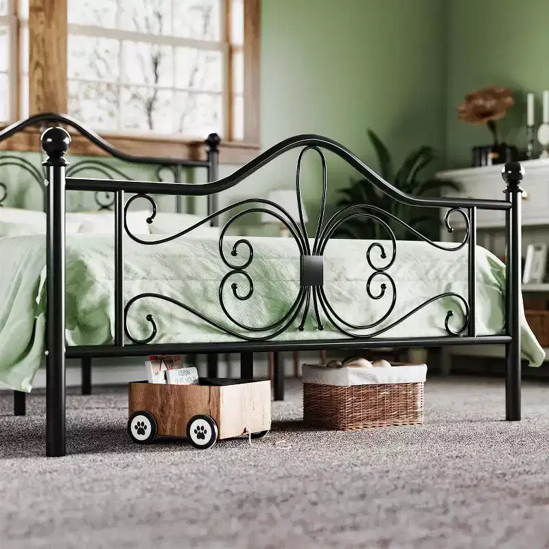 Kids Metal Bed Frame with Butterfly Headboard and Footboard, No Box Spring Needed