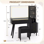 48 Fluted Makeup Vanity Desk with Large Mirror and Lights, Modern Makeup Vanity with Charging Station and Cushioned Storage Stool for Home