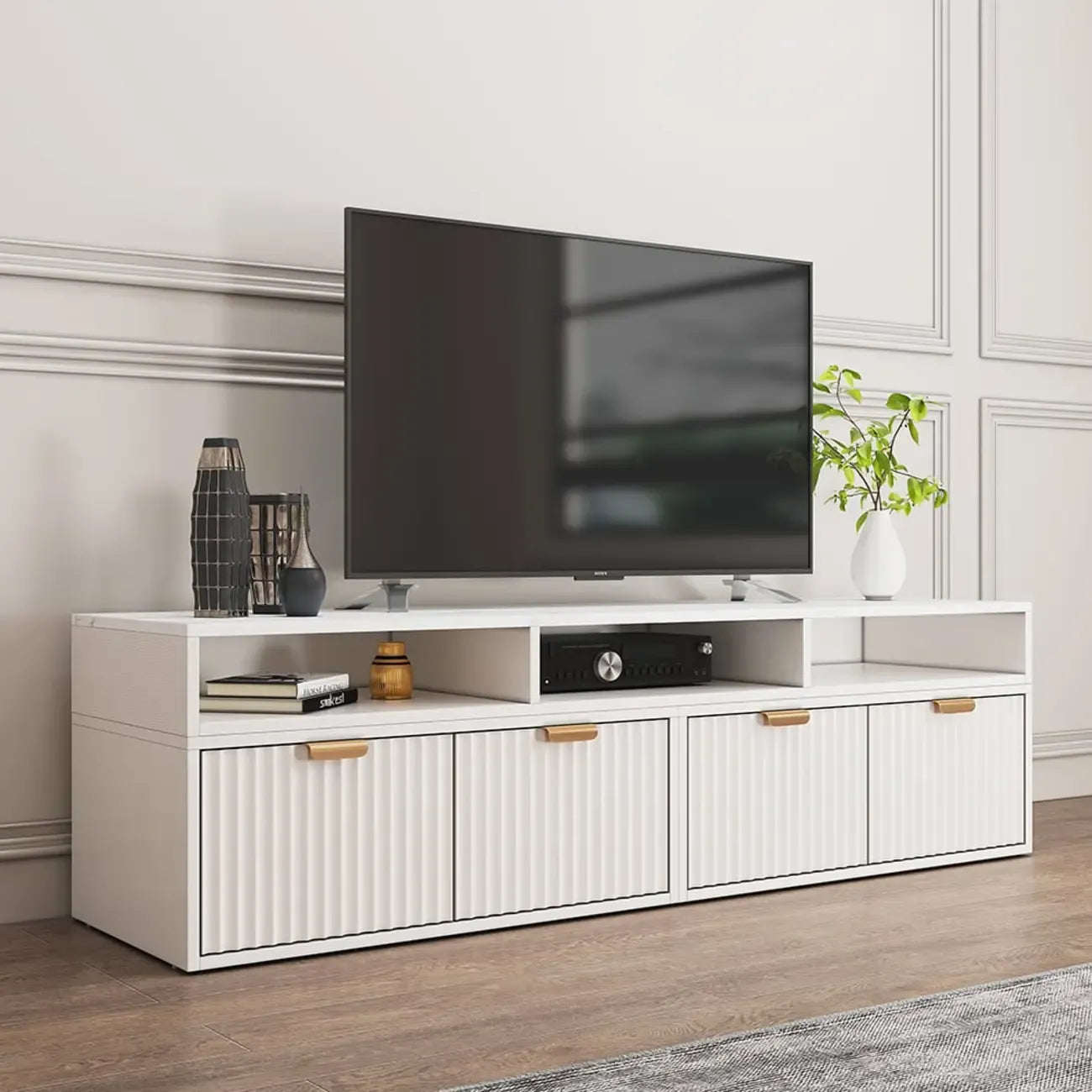Modern White 2-Drawer Open Storage Corner TV Stand