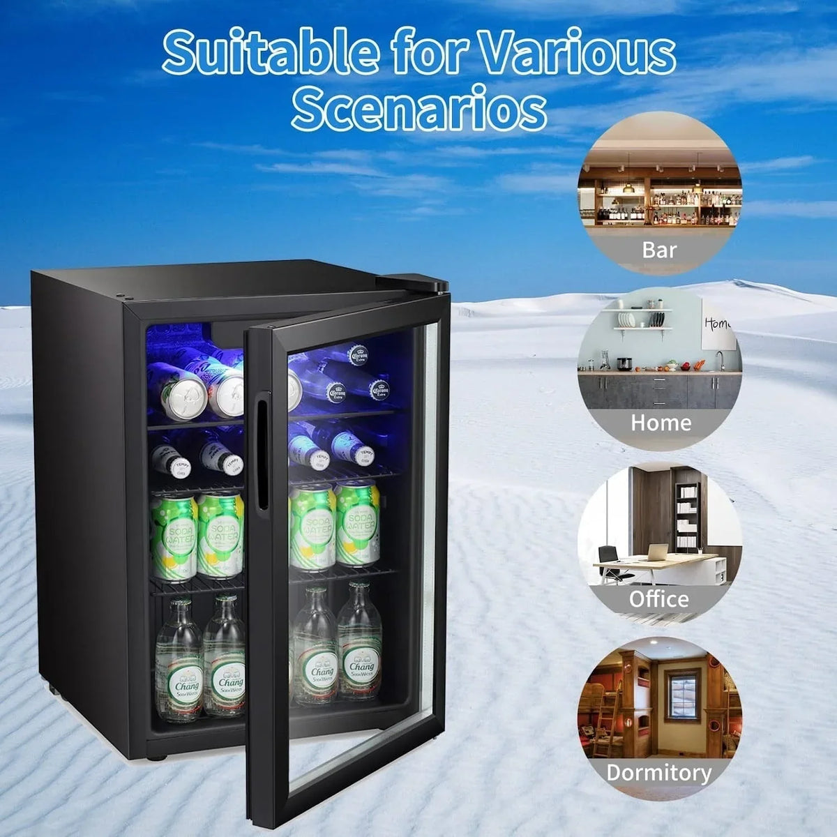 Mini Fridge-100 Can Beverage Refrigerator, Wine Cooler, Clear Front Glass Door, Small Drink Touch Screen - 2.6 Cu. Ft.