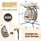 Outdoor Swing Loveseat with Stand, Foldable Hanging Chair, Hammock Cushion, and Awning, Double Egg Chair - Beige