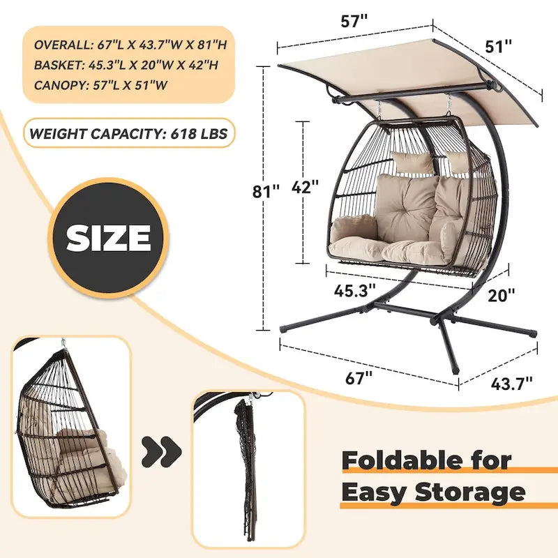 Outdoor Swing Loveseat with Stand, Foldable Hanging Chair, Hammock Cushion, and Awning, Double Egg Chair - Beige