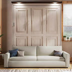 Queen Size Murphy Bed with Sofa, Wooden Queen Cabinet Bed Wall Bed with LED Light, Folding Wall Chest Bed with for Guest Room, Beige