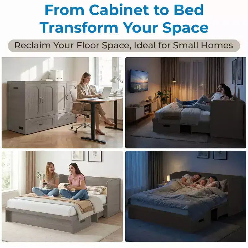 Mjkone Queen Size Convertible Murphy Cabinet Bed with USB Charging, Storage Drawers,No Mattress Included