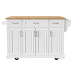 Large Kitchen Island with Wood Drop Leaf, Embossed Texture Rolling Kitchen Cart wDoors and Drawers wStorage for Kitchen, White
