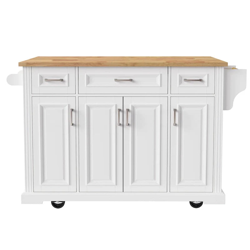 Large Kitchen Island with Wood Drop Leaf, Embossed Texture Rolling Kitchen Cart wDoors and Drawers wStorage for Kitchen, White