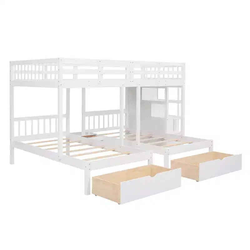 Whisen Full Over Twin & Twin Bunk Bed, Wood Triple Bunk Bed with Drawers and Guardrails