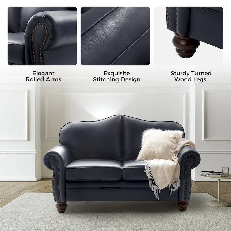 Transitional Genuine Leather Sofa With Tufted Back