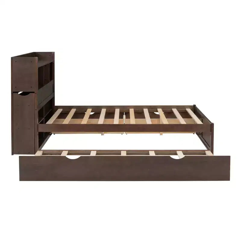 Full Storage Platform Bed with Trundle, Bookcase Headboard and Charging Station, Wooden Full Size Bed Frame with Shelves and Drawers