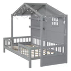Twin Size House Bed with Storage Shelves and Rails, Wood Kids Montessori Bed Frame with Window and Sparkling Light Strip