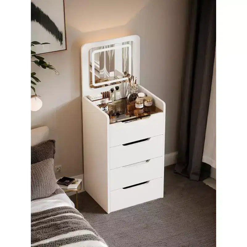 Okak 3-In-1 Vanity Table with Plip Top Mirror, Compact Vanity with Visible Glass Desktop and Cushioned Tool, Vanity Desk for Bedroom