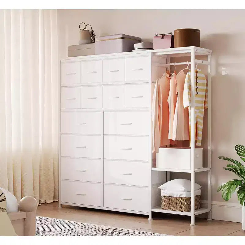 Dresser with 16 Drawers & Hanging Rod & Shelves, Fabric Storage Organizer for Bedroom, Closet, or Entryway