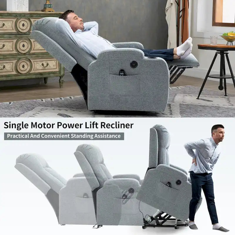 Power Lift Recliner Chair, Modern Single Motor Massage Sofa Chair with Lumbar Heating, USB Charging Port, Cup Holders