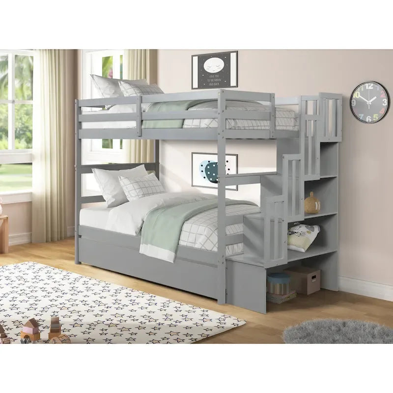 Twin over Twin Bunk Beds With Twin Trundle and Stairway Storage Function in Grey Color