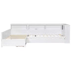Twin Size L-shaped Platform Bed with Trundle & Charging Station, Wood Bed Frame with Bookshelf