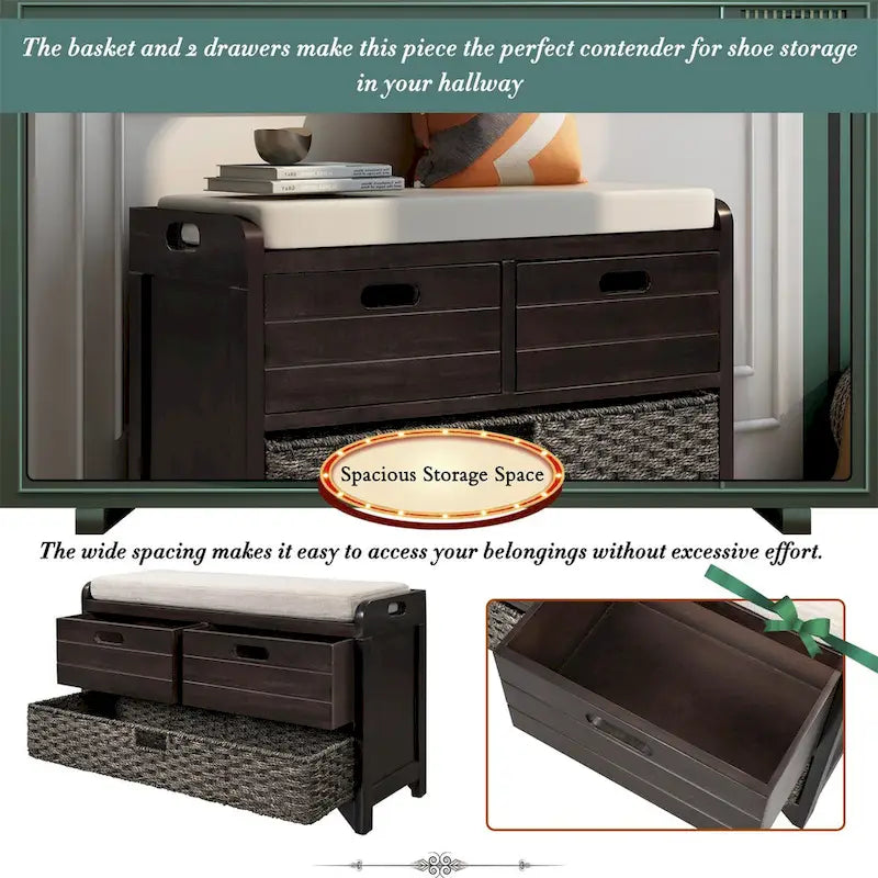 Wood Storage Bench with 2 Woven Baskets