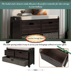 Wood Storage Bench with 2 Woven Baskets