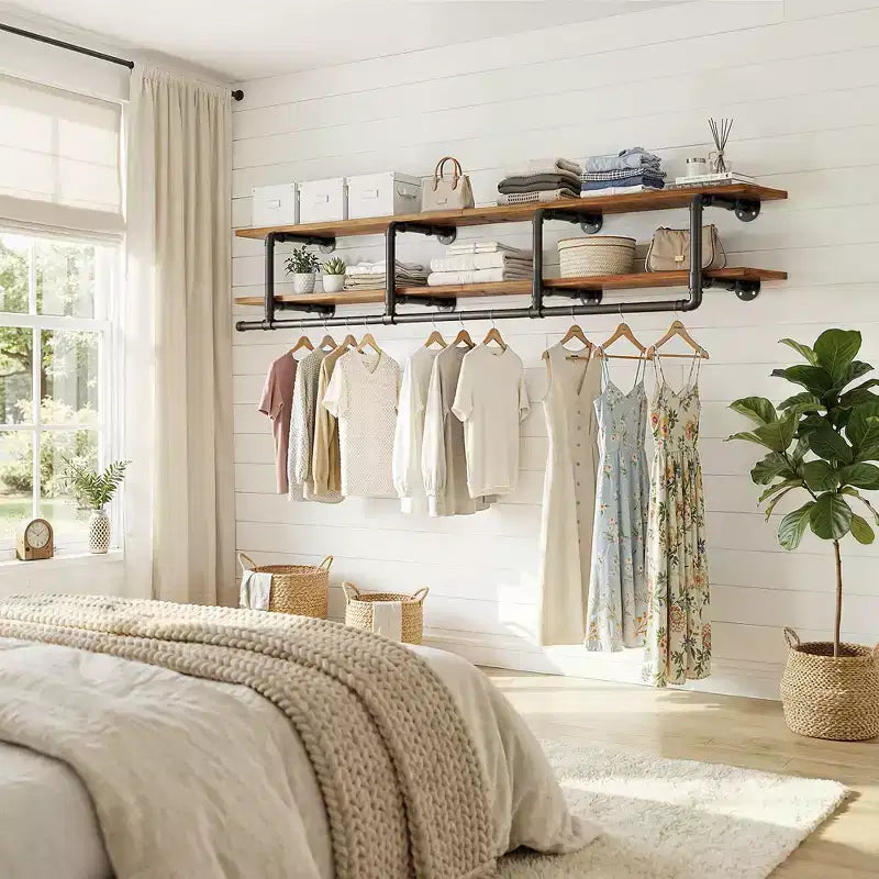 Besiost 2-Tier Clothing Rack with Hanging Rod, Clothing Shelves with Top Shelf
