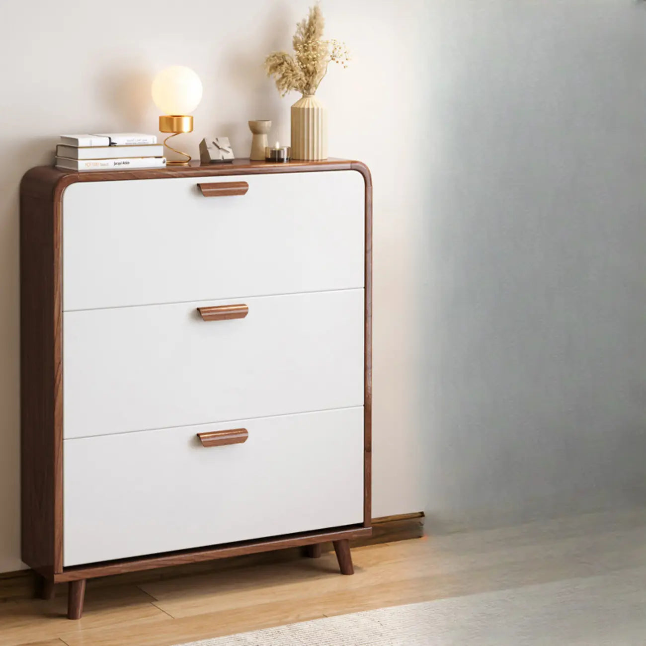 Traditional Hidden Adjustable 3 Tiers Solid Wood Shoe Cabinet