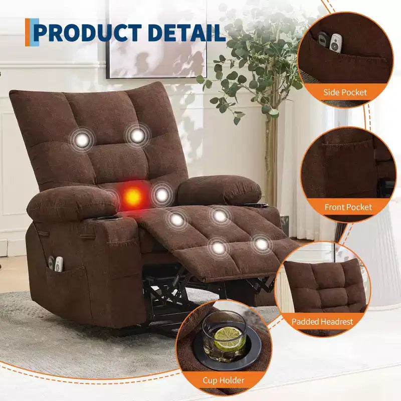 Power Lift Recliner Chair for Elderly with Massage and Heat, Oversized Massage & Heat Recliner with Soft Padded Upholstery, Side Pocket & Cup Holders