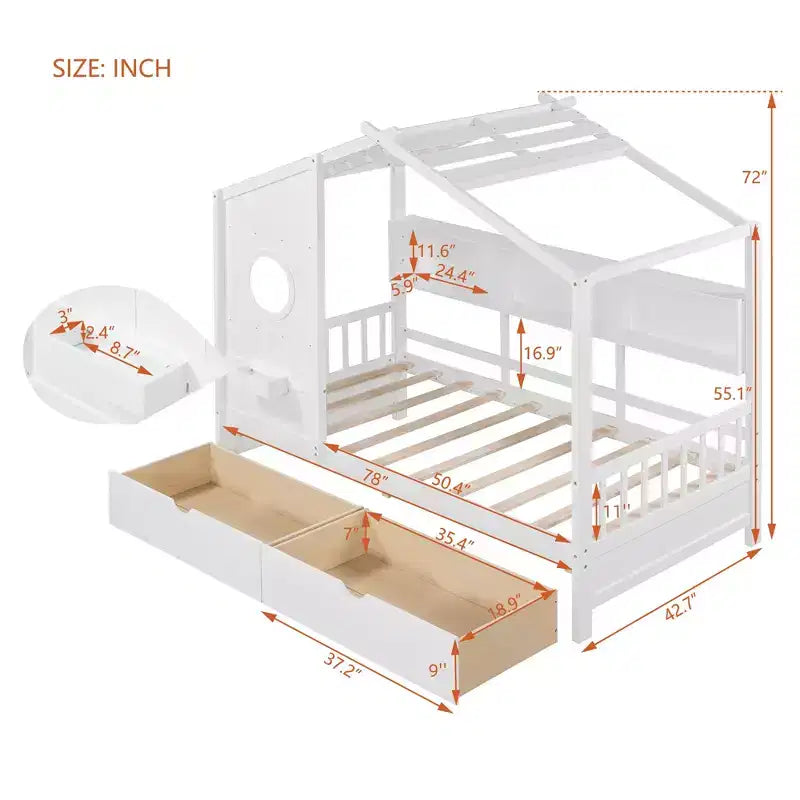 Twin/Full Size Wooden House Bed with 2 Drawers, Kids Bed with Storage Shelf - ModernLuxe